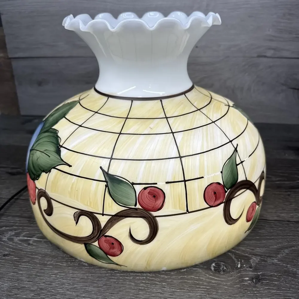 VTG Milky Glass Hand painted Hurricane Lamp Shade 14-3/4” Diameter 9-7/8”Tall